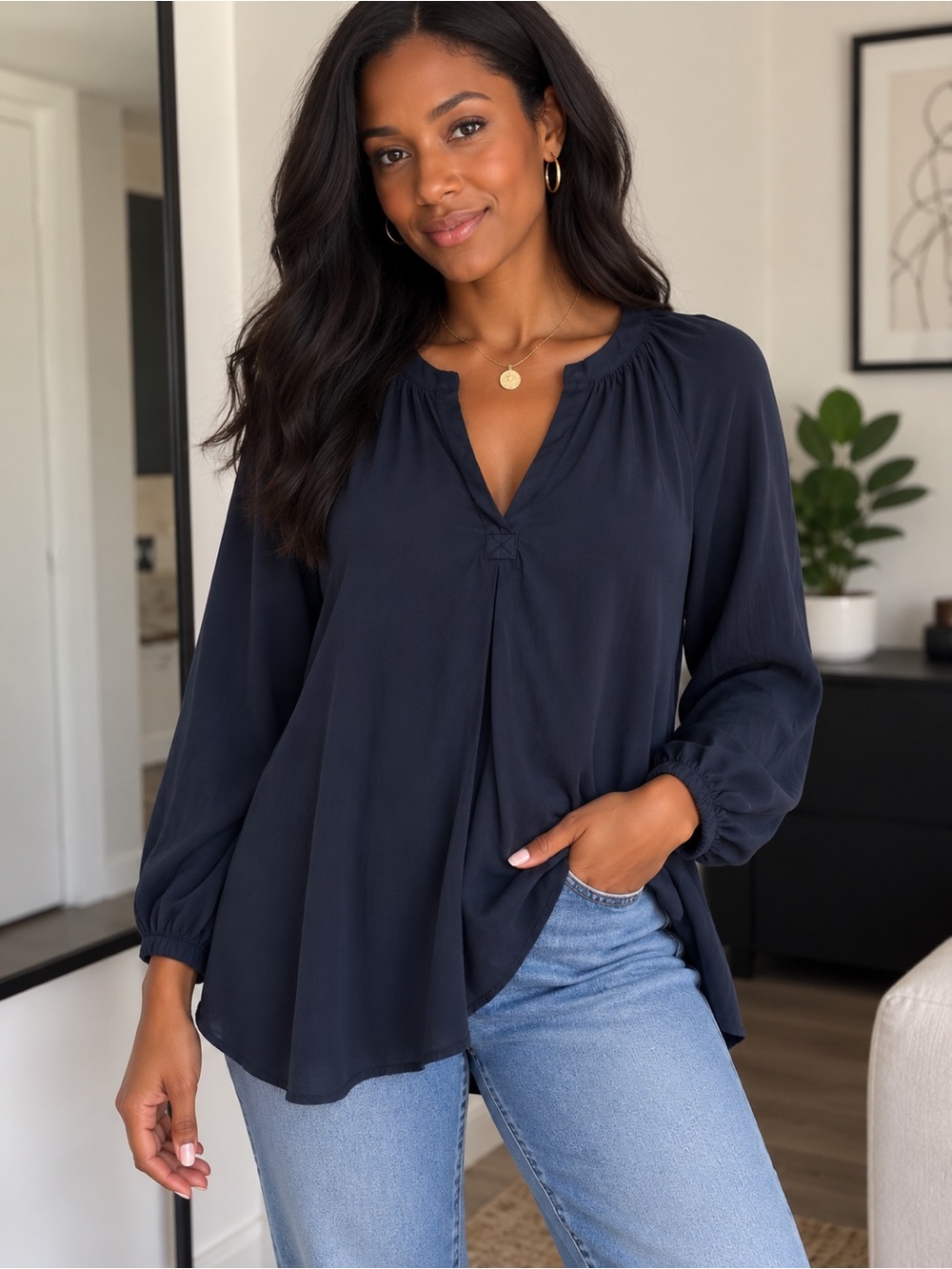 Sioni Navy V-Neck Long-Sleeve Peasant Blouse